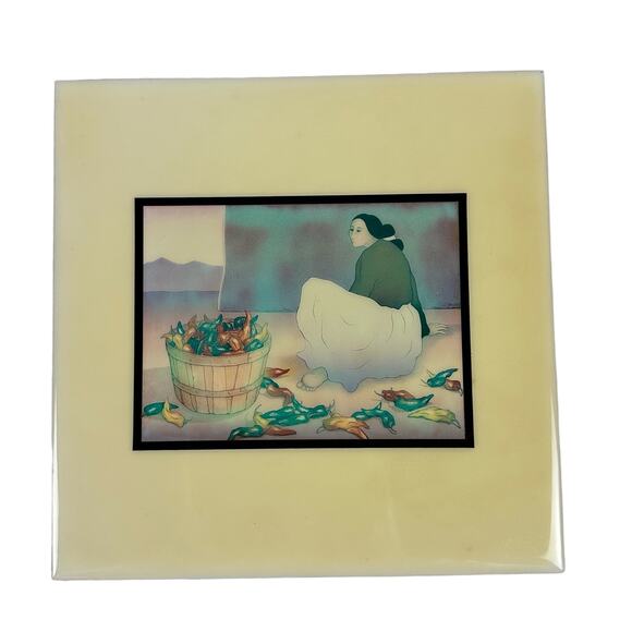 RC Gorman Tile Artist Navajo Hand Painted Tile "Chile Picker"-Rare Blue 2968/RG - Picture 2 of 7